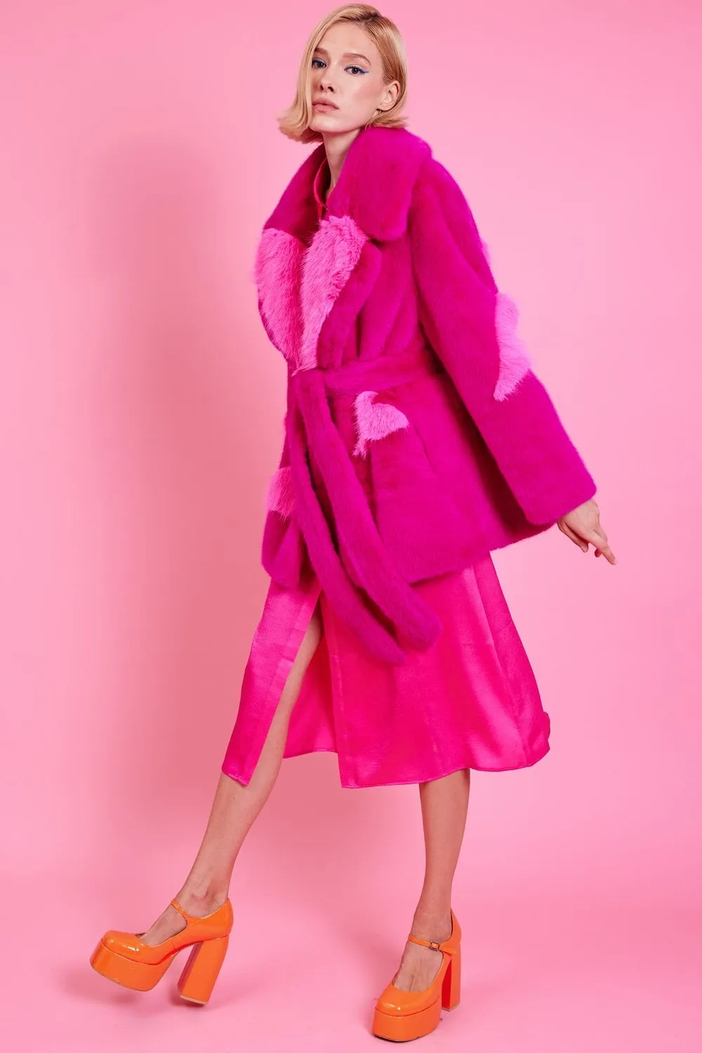 Pink Eco Bamboo Faux Fur Coat with Love Heart Detailing